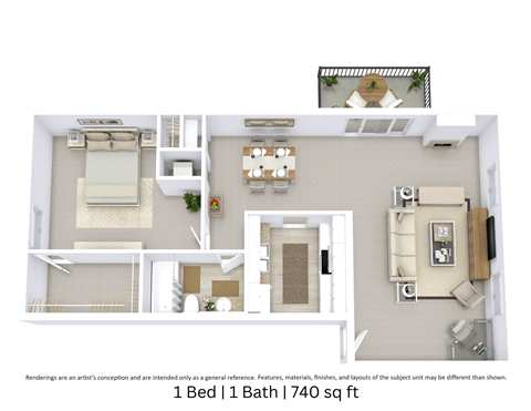 Floor plan for 1 bed, 1 bath, 739 sqft